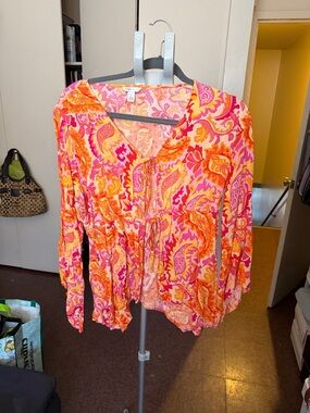 Carole Pink and Orange Paisley Tie-Front Blouse